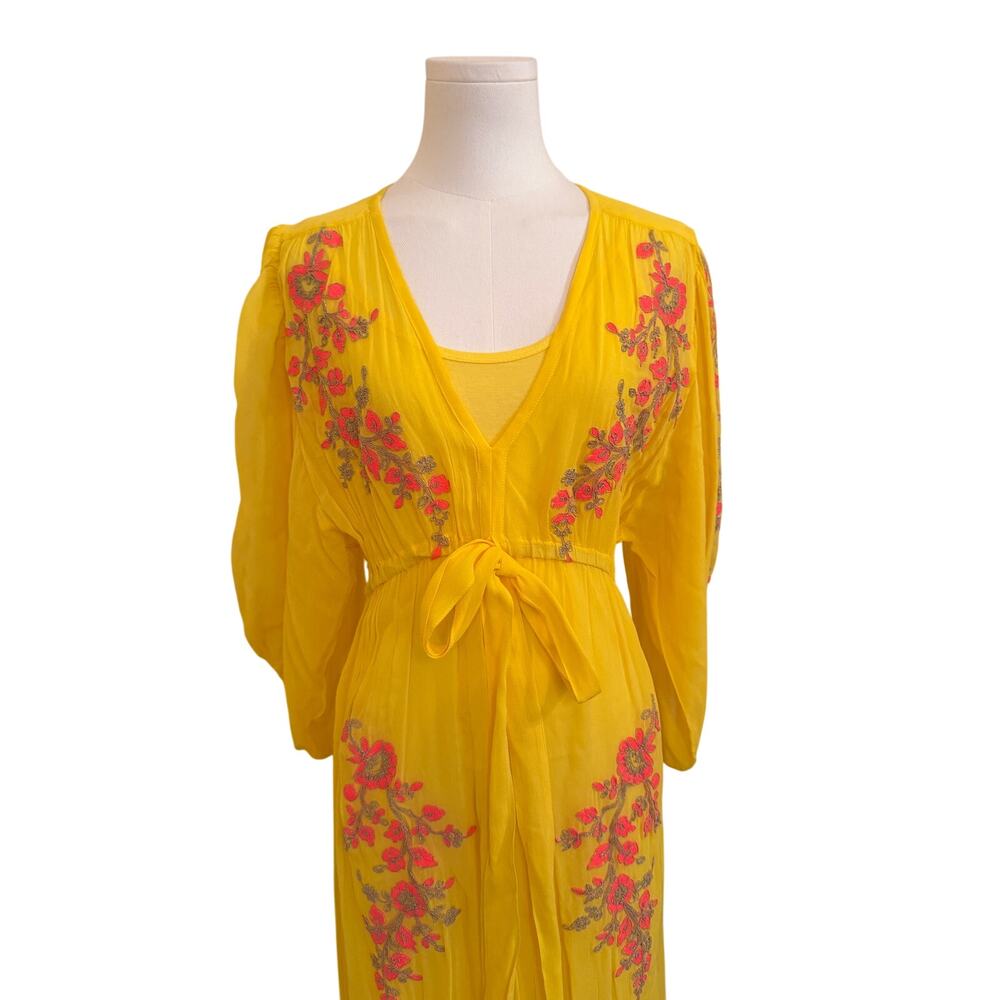 NWOT Miss June Paris Yellow & Pink Flower Shirt-Dress Sheer w/Slip Fitted Maxi S